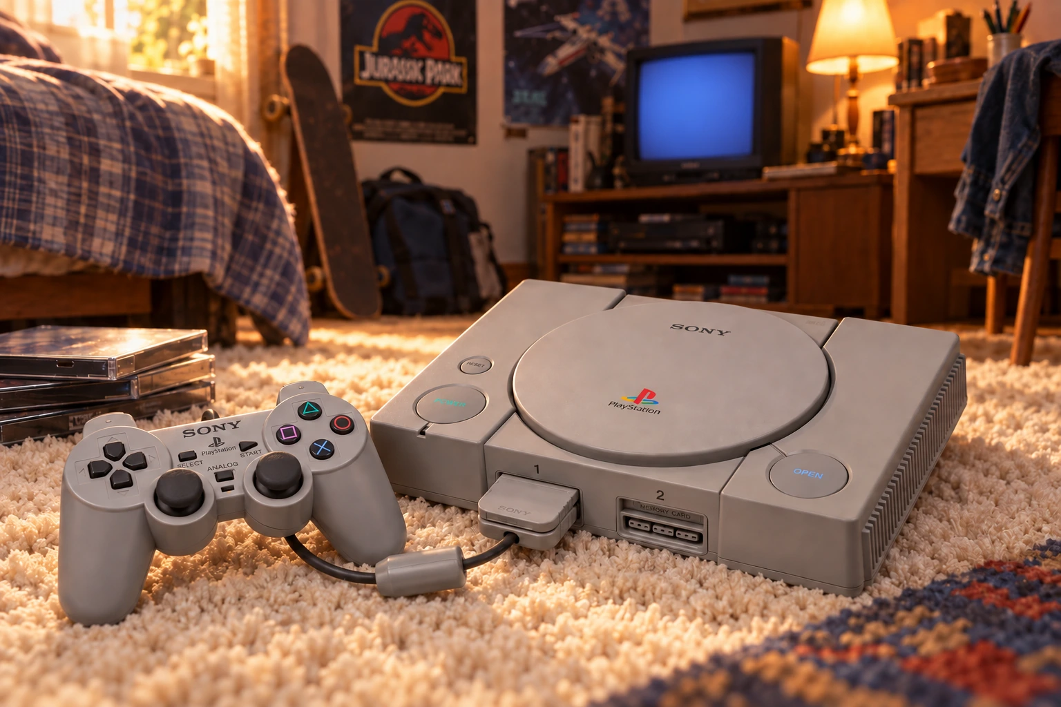Une PlayStation grise et sa manette dans une chambre chaleureuse, scène reconstituée.